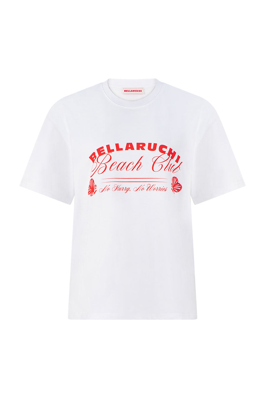 BELLARUCHI BEACH CLUB TEE IN COLA. GHOSTING FLAT LAY IMAGE