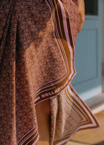 BELLARUCHI SARONG FOR VACATIONS AND HOLIDAY. PERFECT VACATION ACCESSORY AND TRAVEL PIECE.  BELLARUCHI Brown and Pink logo Sarong. Brown and Pink logo scarf. Silk Cotton Scarf. B logo Sarong. Pink and Brown Pattern Sarong. Vacation Sarong. Travel Scarf. Travel sarong. 