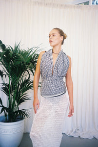 BELLARUCHI Black and White logo Sarong. Black and white logo scarf. Silk Cotton Scarf. B logo Sarong. White and Black Pattern Sarong. Sarong Tied as halter neck top. Vacation Sarong. Travel Scarf. Travel sarong. 