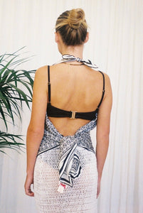 BELLARUCHI Black and White logo Sarong. Black and white logo scarf. Silk Cotton Scarf. B logo Sarong. White and Black Pattern Sarong. Sarong Tied as halter neck top. Vacation Sarong. Travel Scarf. Travel sarong. 