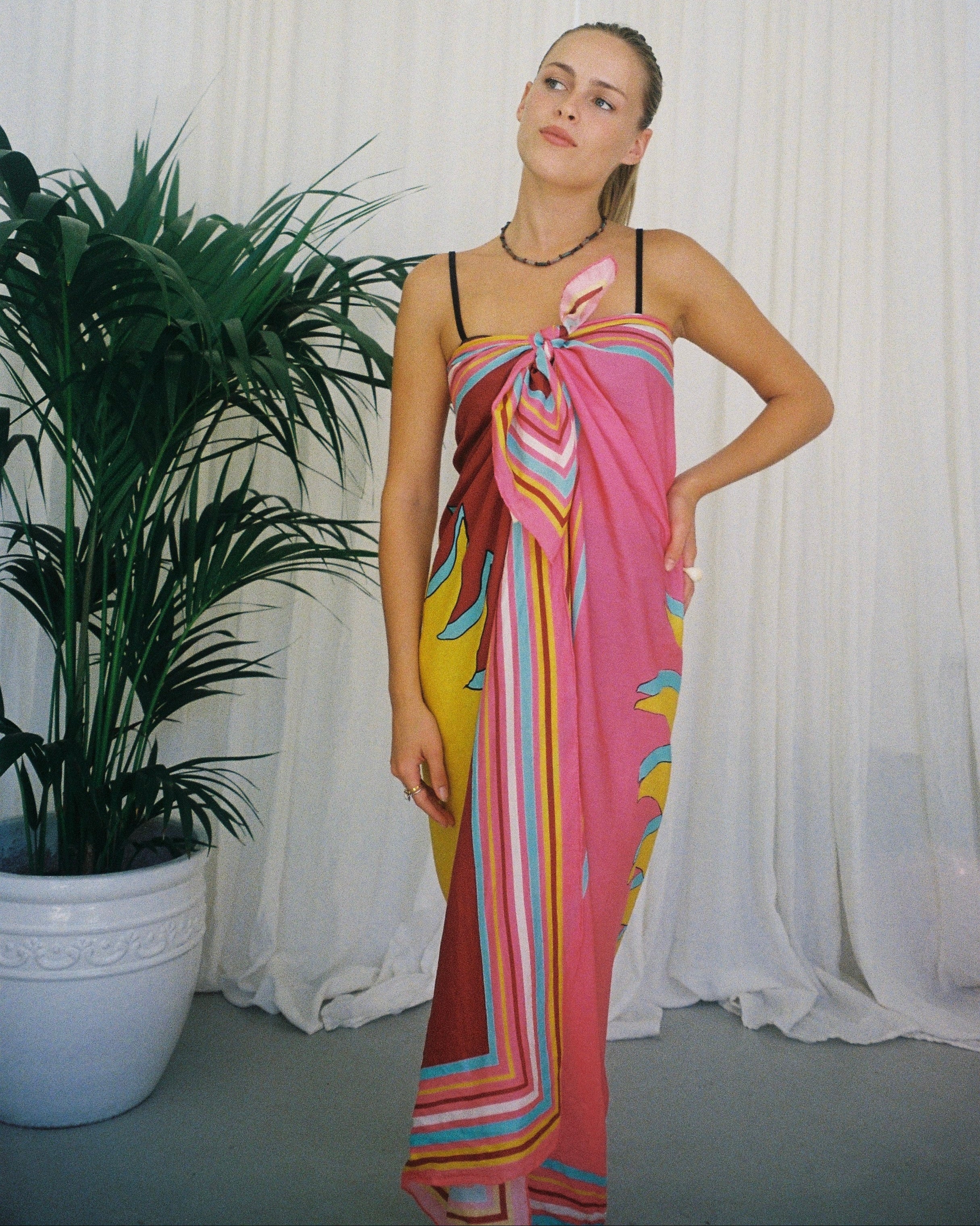 Pink sarong with yellow sun. Sarong with line boarder. BELLARUCHI Sun sarong. Cotton Silk travel, vacation sarong. Cotton Silk Pareo. Sun Pareo. 