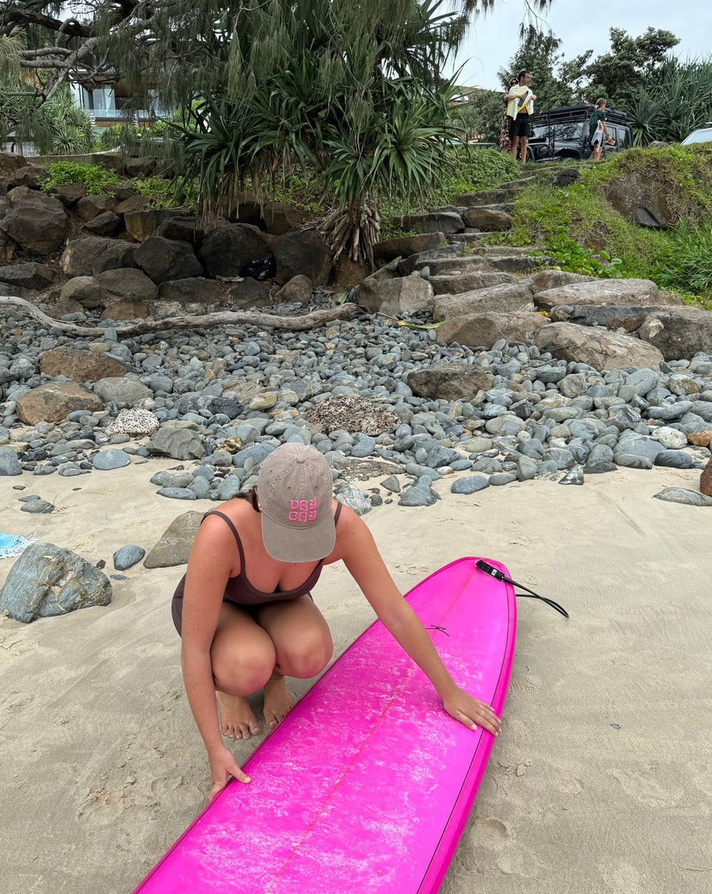VAYCAY Cap. Brown Cap Pink Writing. Vacation Cap. BELLARUCHI Cap. Holiday Cap. Brown Cap. Brown Cap, Pink VAYCAY Writing. Travel Cap. 