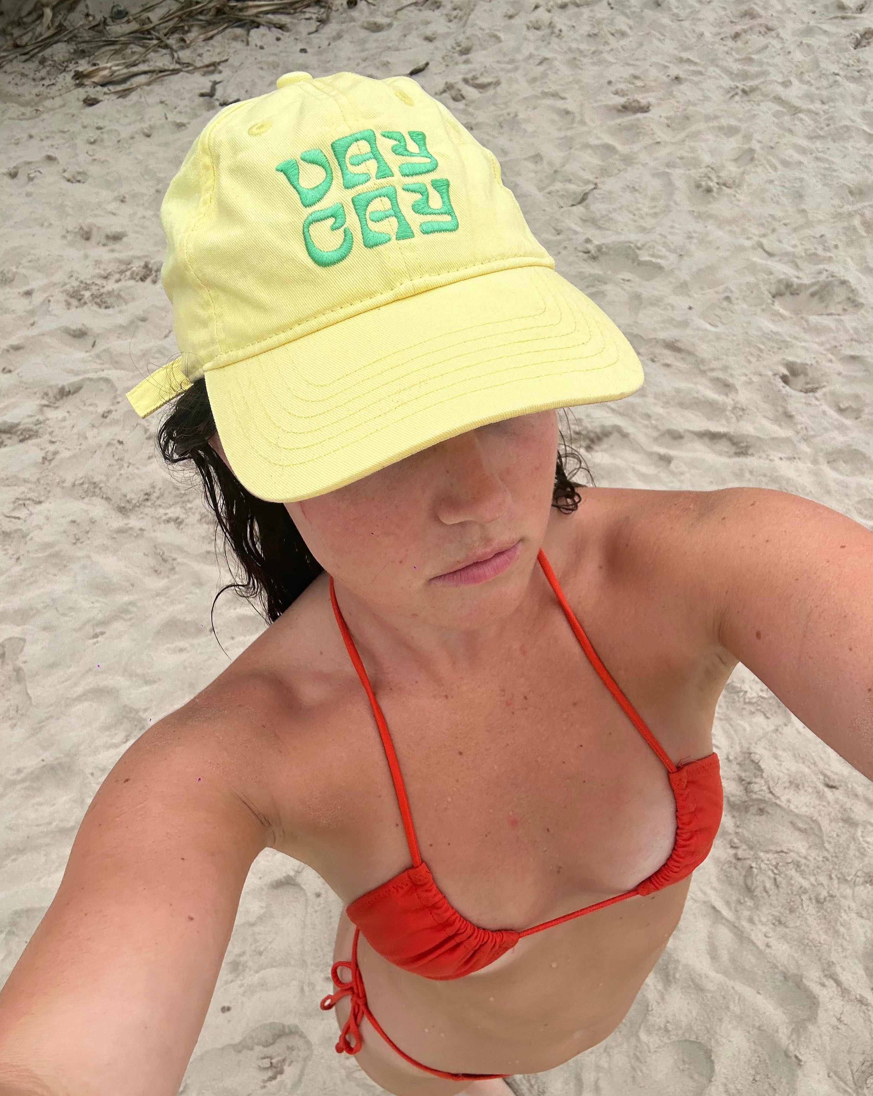 BELLARUCHI VAYCAY CAP YELLOW. Yellow Cap Green Writing. Yellow travel Cap. Travel Cap. Vacation Cap. Holiday Cap. Yellow Cap VAYCAY Writing. 